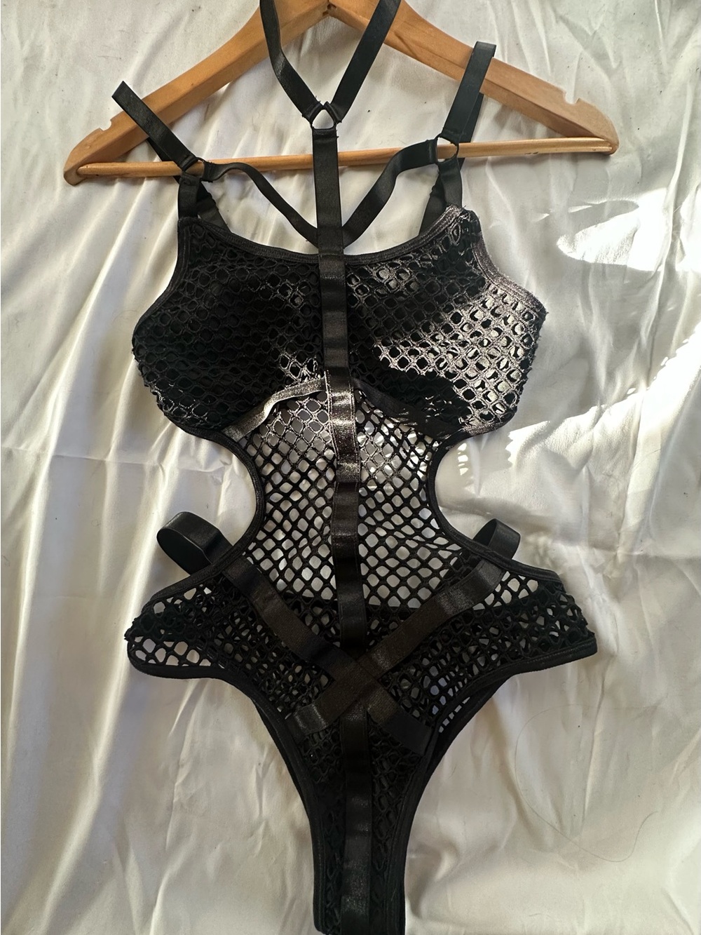 Black Strappy Fishnet One-Piece Bodysuit - Picture 2 of 4